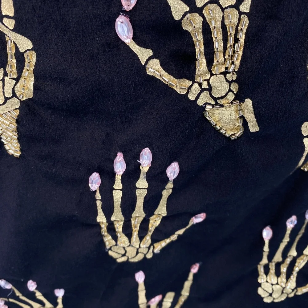 Lunaville Table Runner Black Gold Metallic Skeleton Hand Beaded Nails Halloween